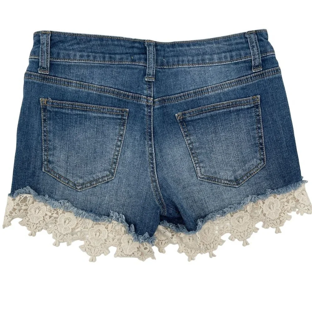 Altar'd State Lace Hem Distressed Medium Wash Denim Jean Shorts 26 - Picture 3 of 6